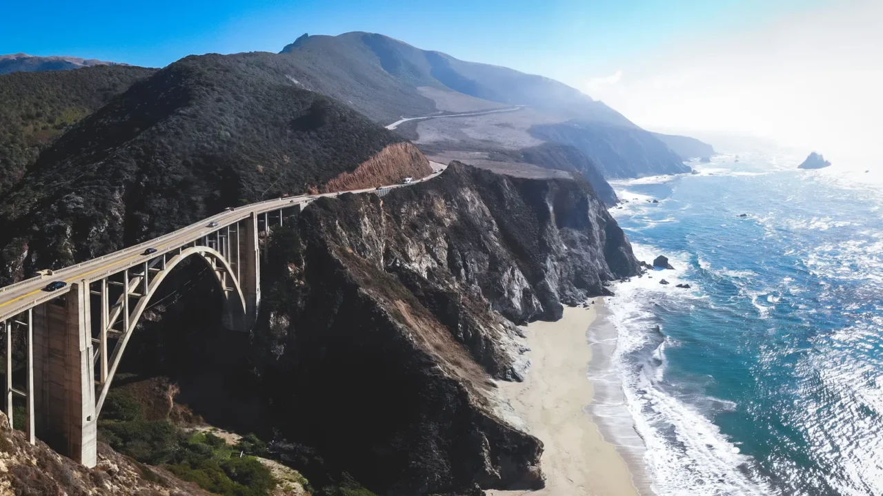 aerial panoramic view of historic bixby creek bridge along world