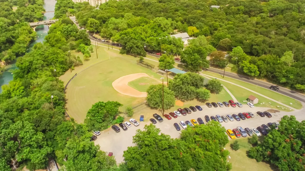aerial view downtown from barton creek in greenbelt at zilker