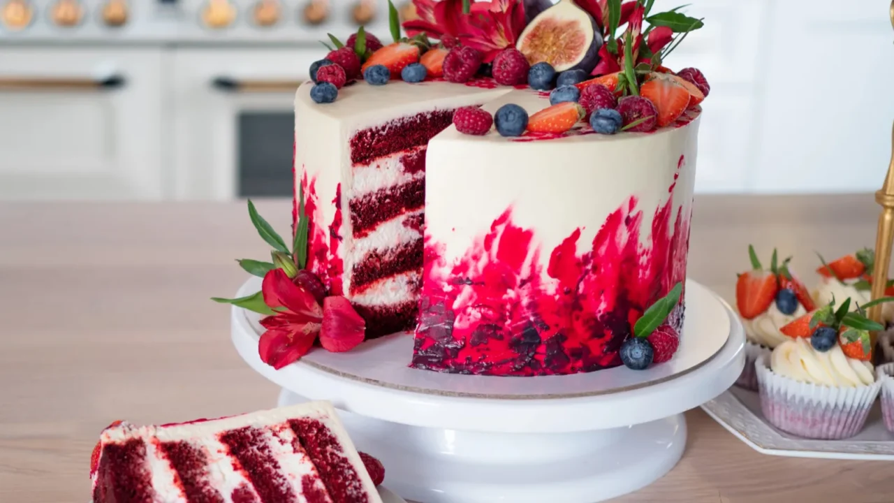 big beautiful red velvet cake with flowers and berries on