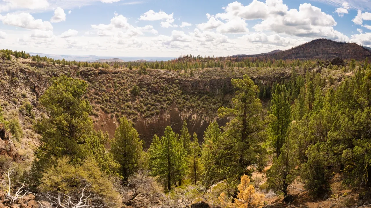 looking down into the medicine lake shield vocano crater