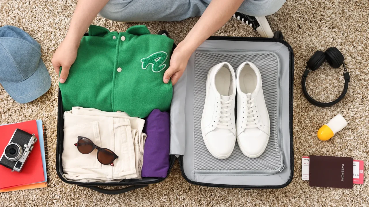 A man packing suitcase on floor at home top view.
