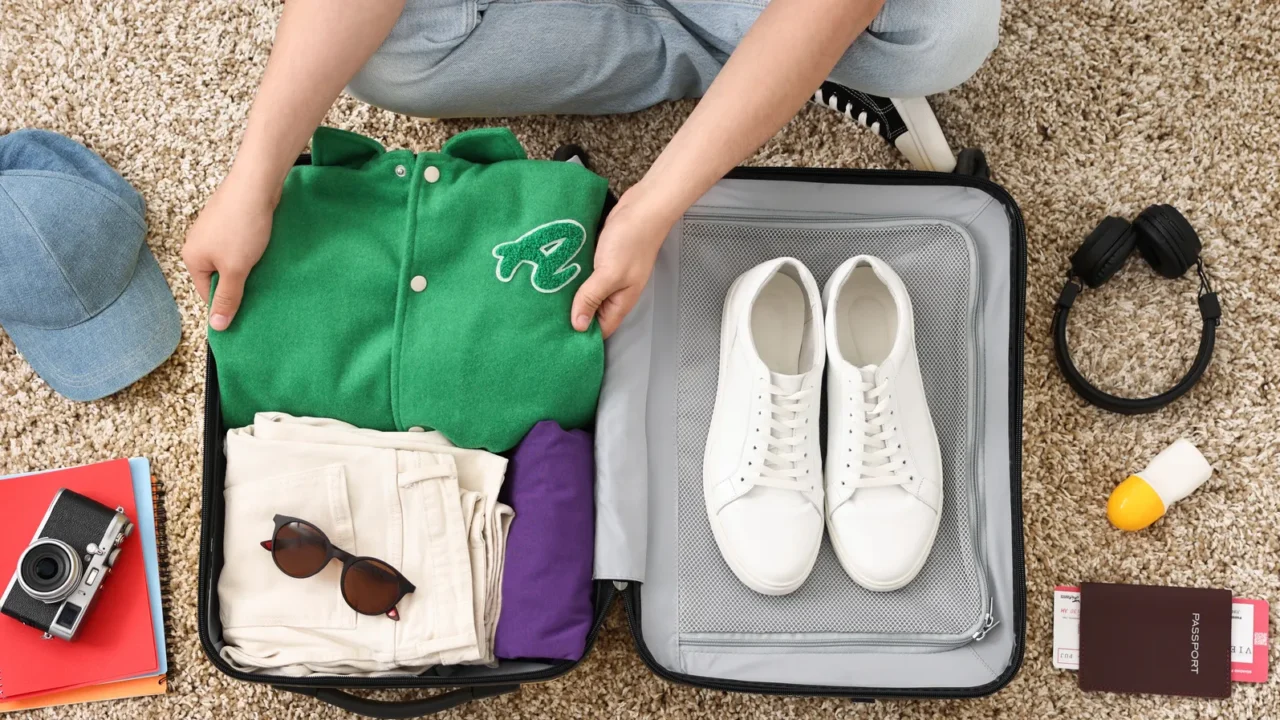 man packing suitcase on floor at home top view