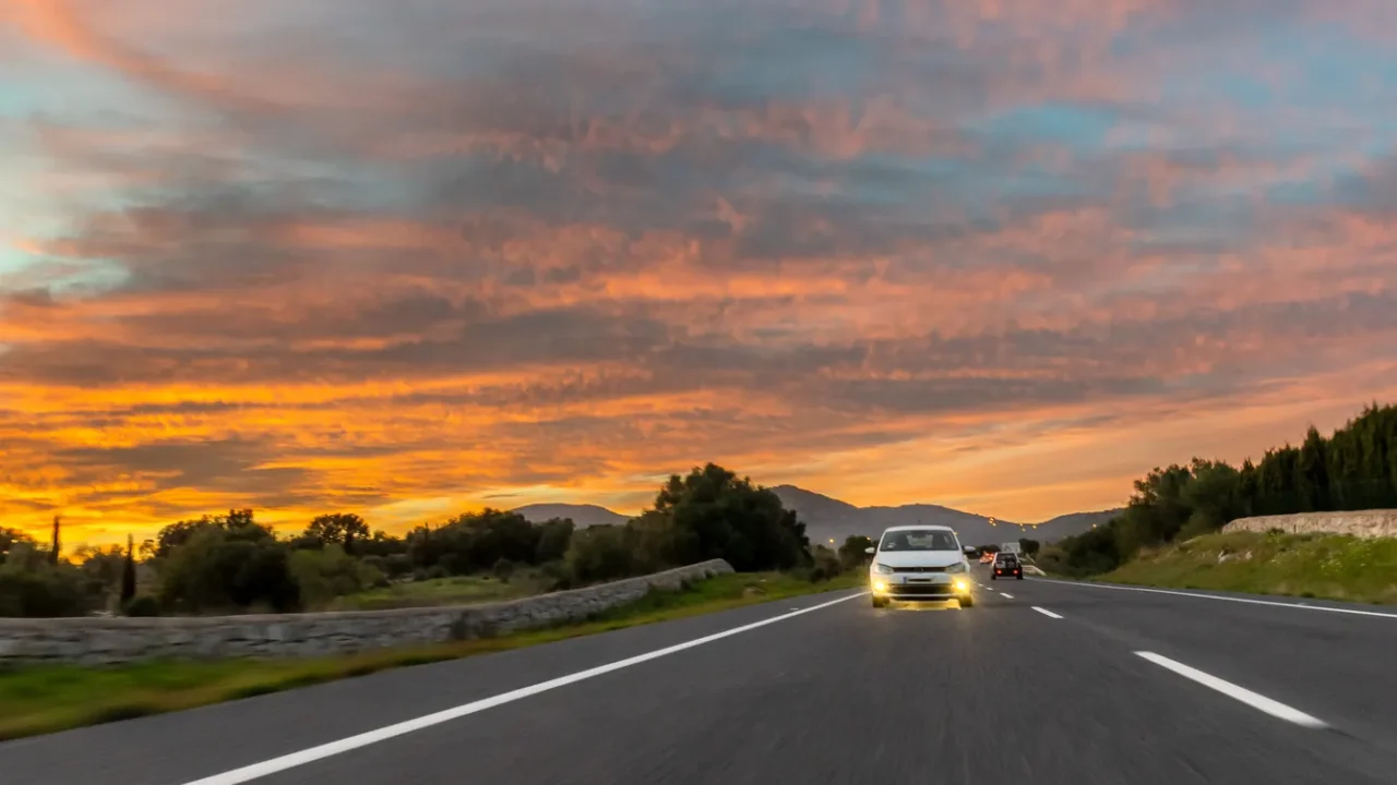 A car in spain mountain landscape road at sunset.