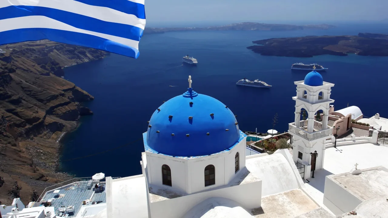 santorini with flag of greece fira capital town