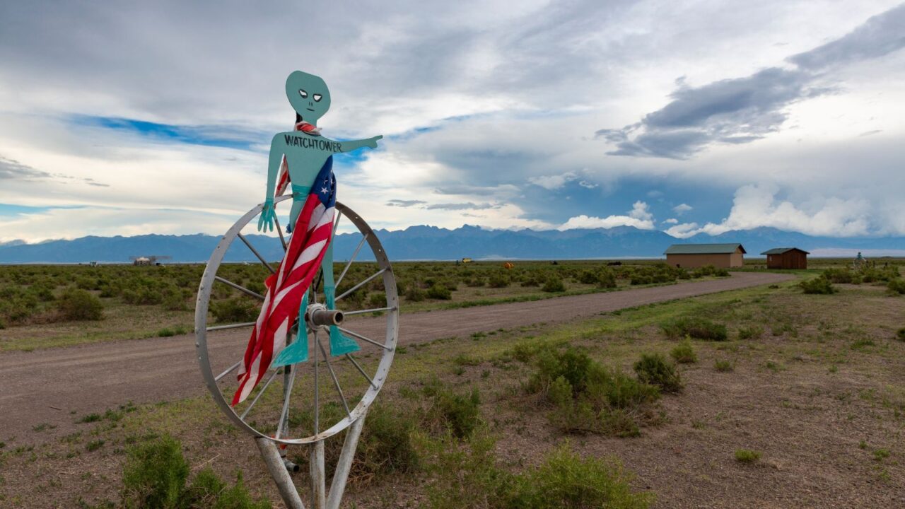 The entrance to the UFO watchtower near town of Hooper, in the state of Colorado, USA.