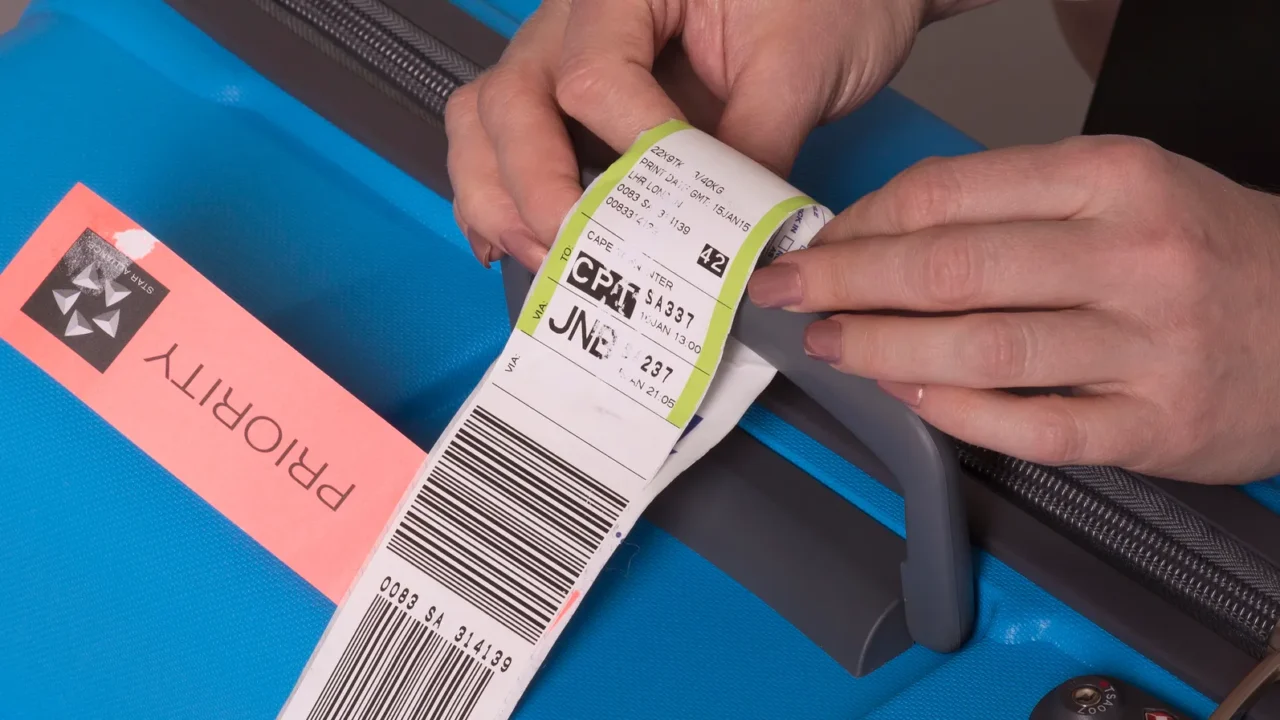 airline baggage tag on suitcase handle