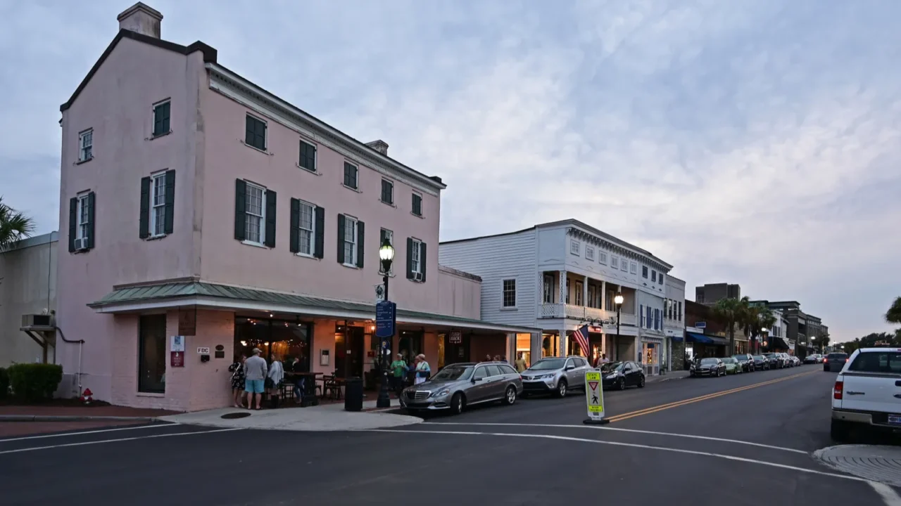 beaufort south carolina historic district along bay street at dusk