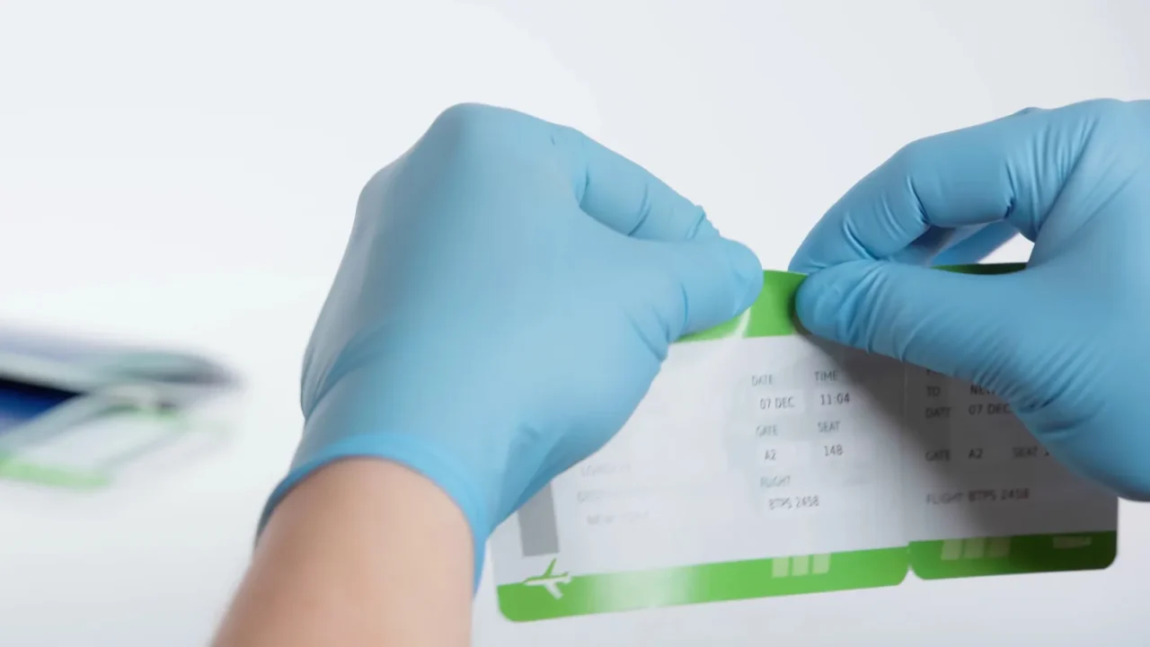 cropped view of man in latex gloves tearing boarding pass