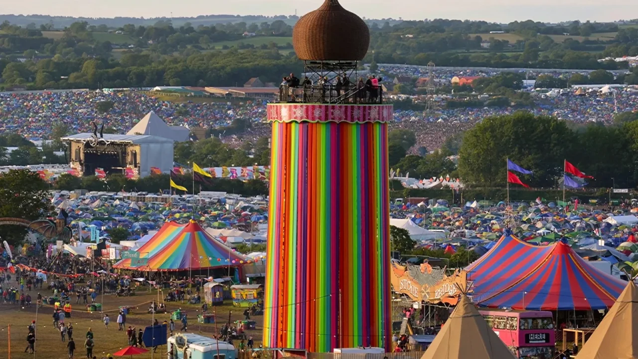 glastonbury festival 06272015 looking across at the ribbon tower at