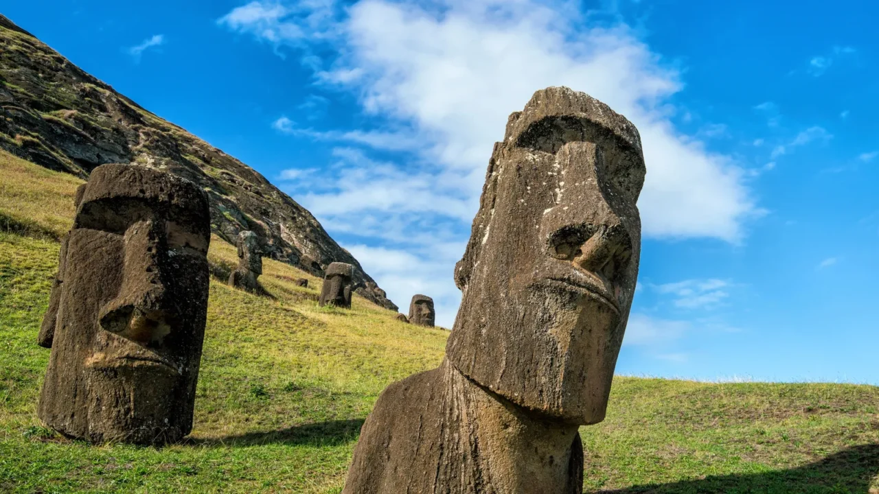 moai statues in the rano raraku volcano in easter island