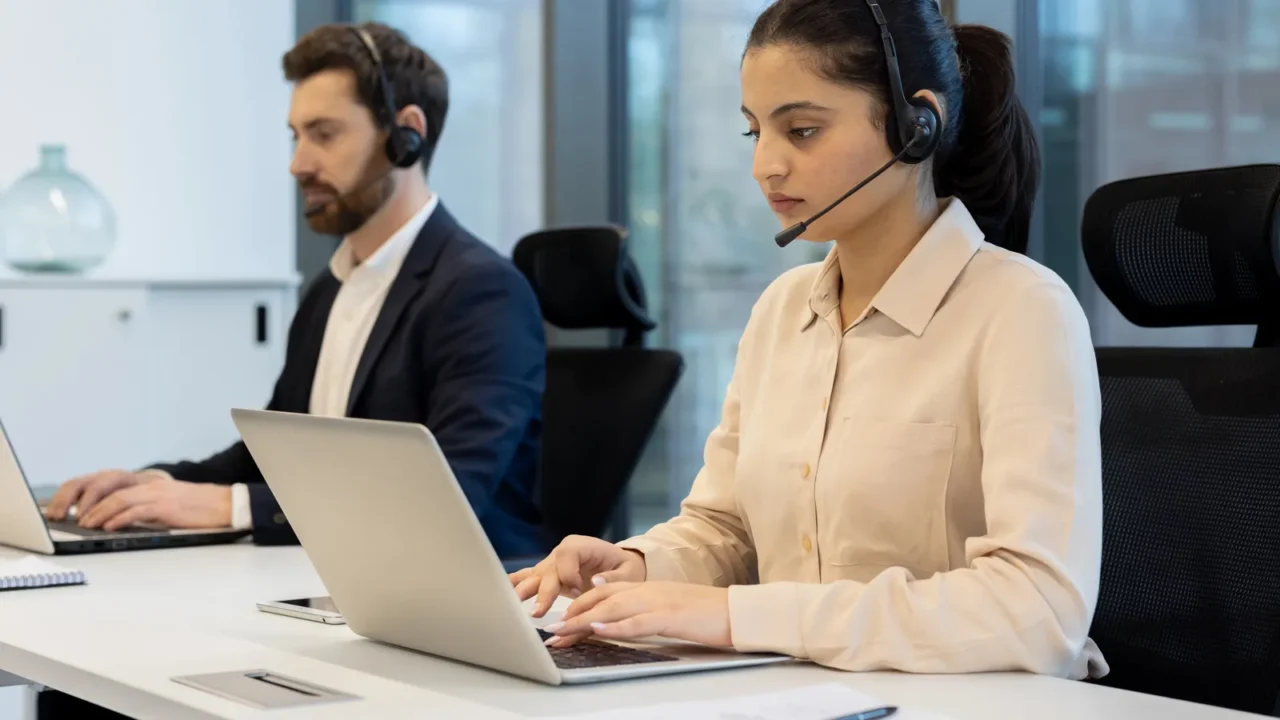 two call center employees a woman and a man are