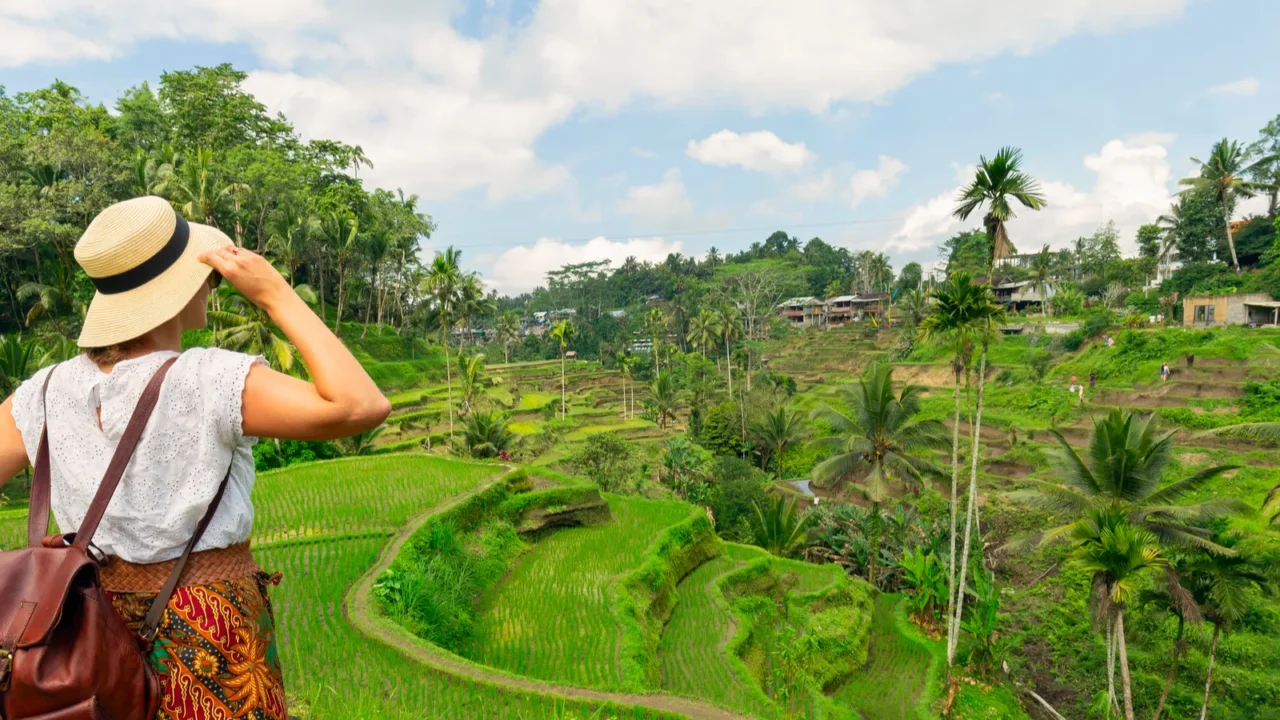young beautiful woman walking on campuhan ridge way of artists