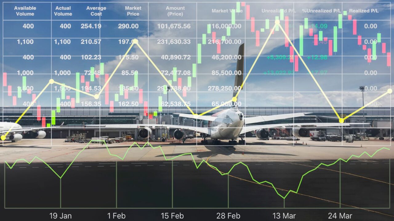 Business aviation marketing with stock information data, candlesticks, graph and chart show successful investment on travel and transportation industry.