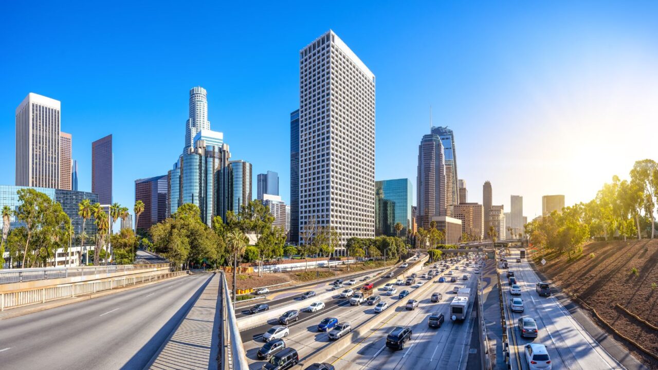 The skyline of los angeles on a sunny day.