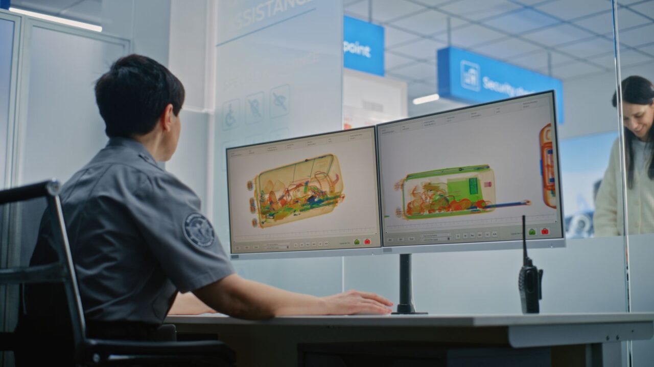 TSA worker controlling x-ray metal detector scanning process.