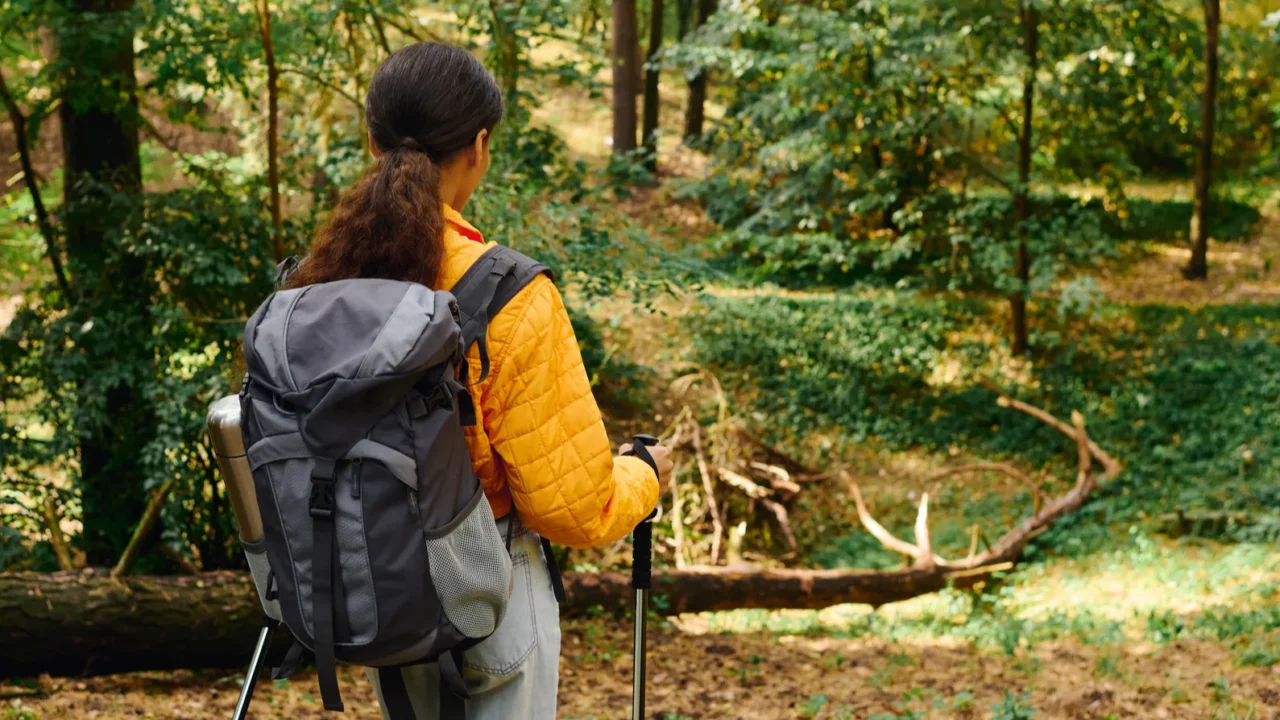 a young african american woman hikes through a colorful autumn