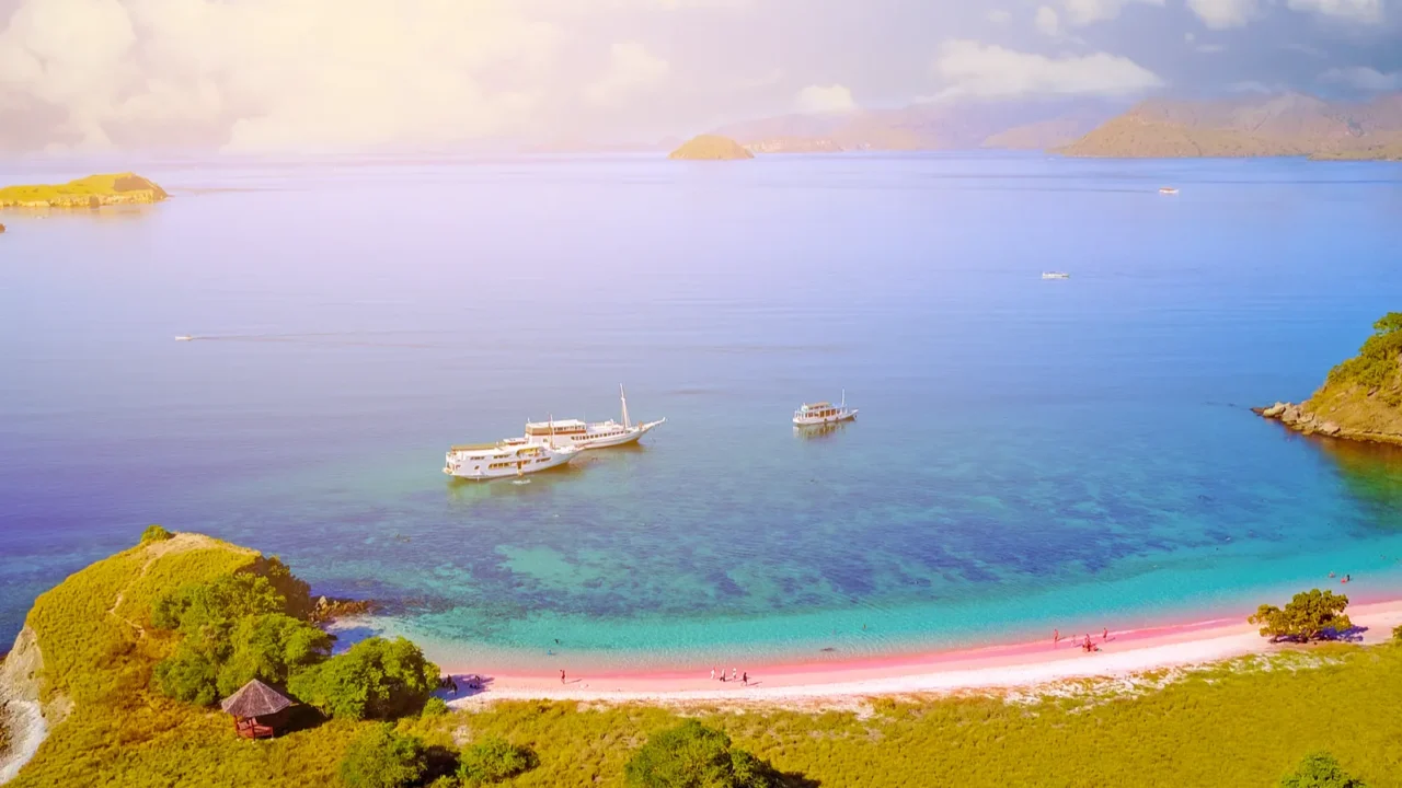 aerial view of a pink beach in flores with a