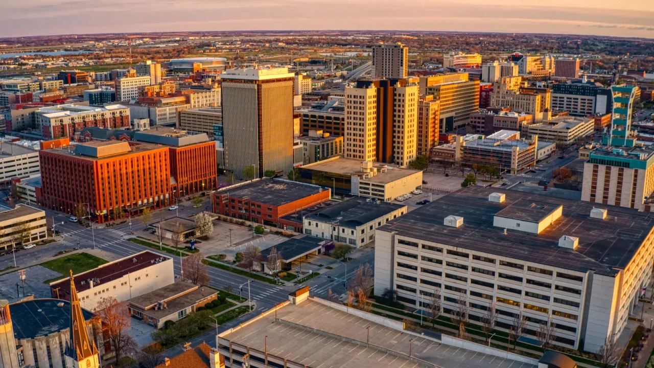aerial view of downtown lincoln nebraska at twilight