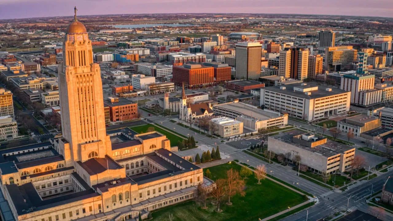 aerial view of downtown lincoln nebraska at twilight