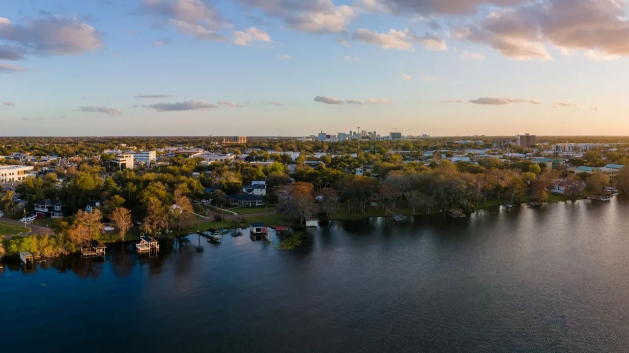 aerial view of downtown orlando from winter park florida above