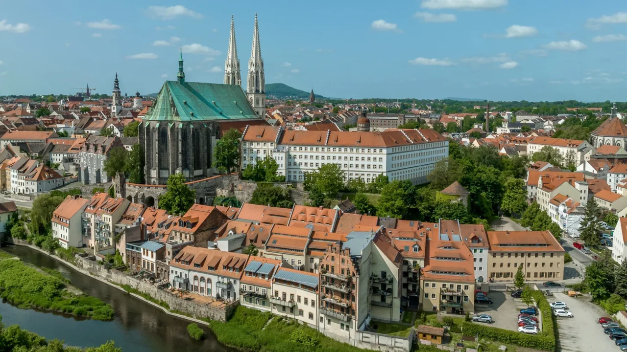 Aerial view of Gorlitz German-Polish border town separated by the Niesse river.