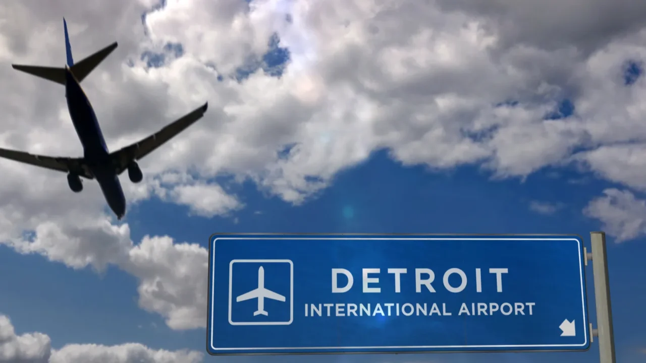 airplane silhouette landing in detroit metro dtw michigan usa city
