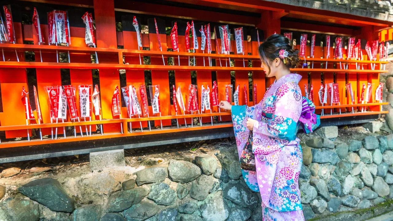 asian women wearing japanese traditional kimono visiting the beautiful in