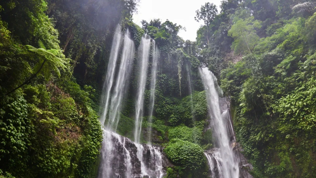 beautiful waterfall in green tropical forest view of the falling