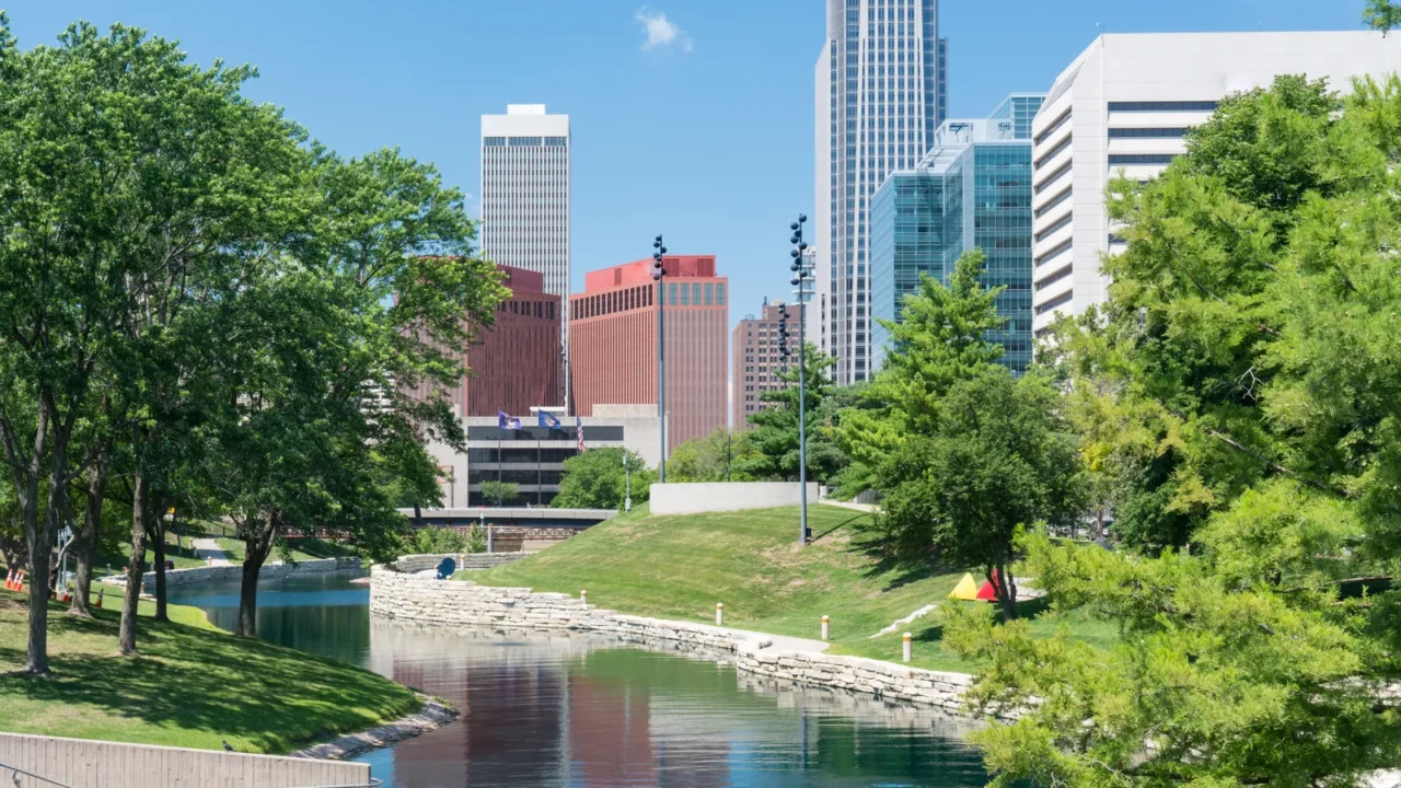 city skyline in downtown omaha nebraska along the gene leahy