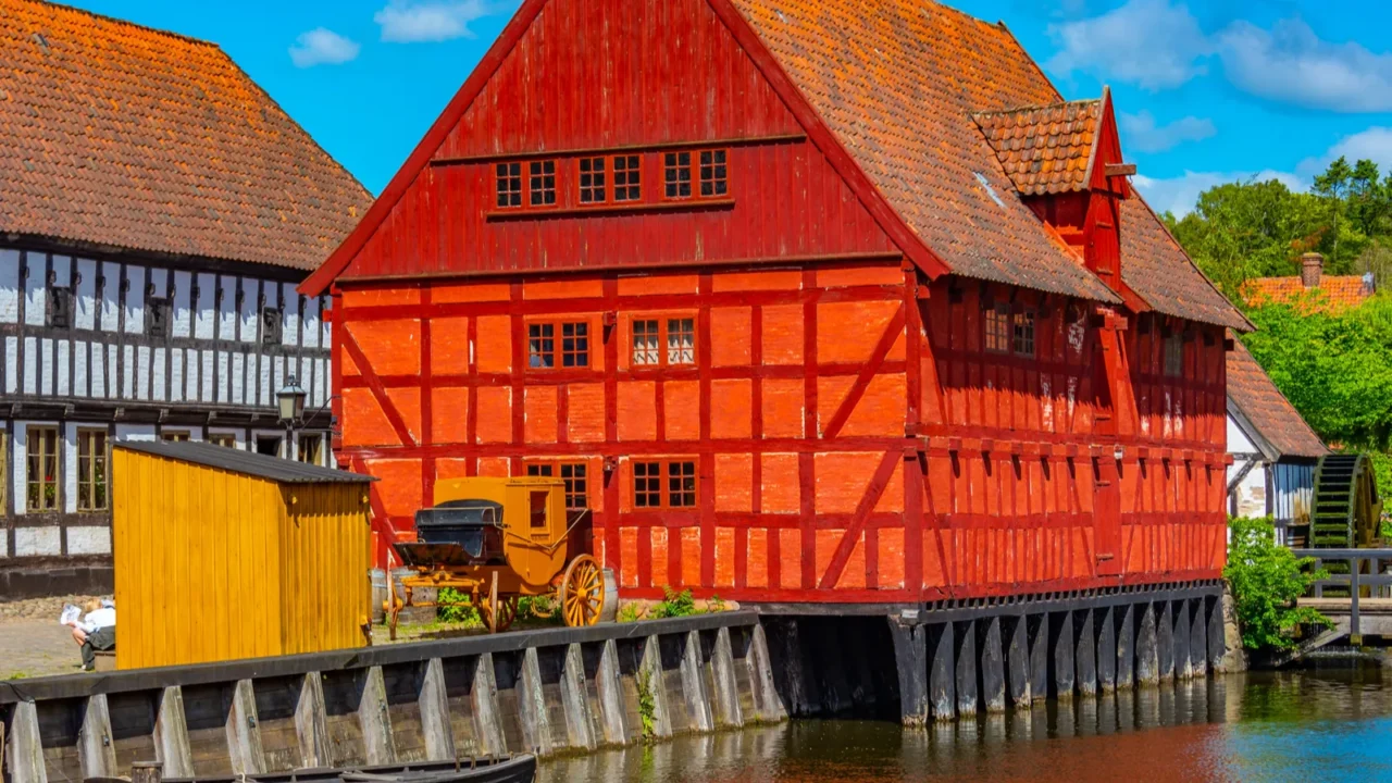 colorful houses in den gamle by openair museum in aarhus