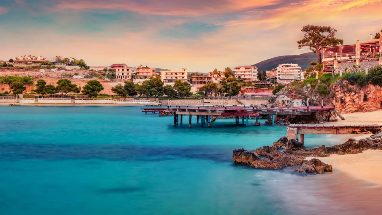 colorful spring sunset in ksamil town amazing evening seascape if