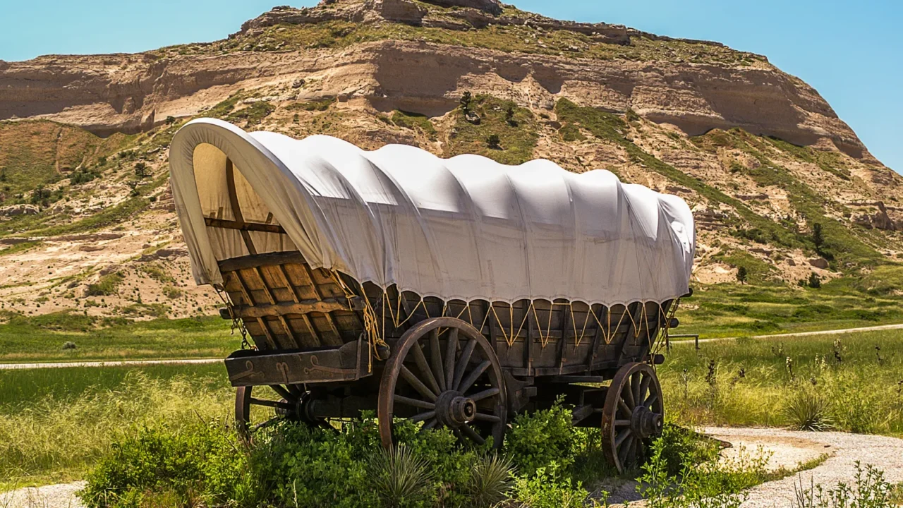 Covered wagon at scotts bluff national monument, Historic park in Nebraska.