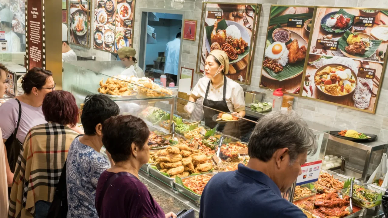 customers buy prepared meal on a food court in the