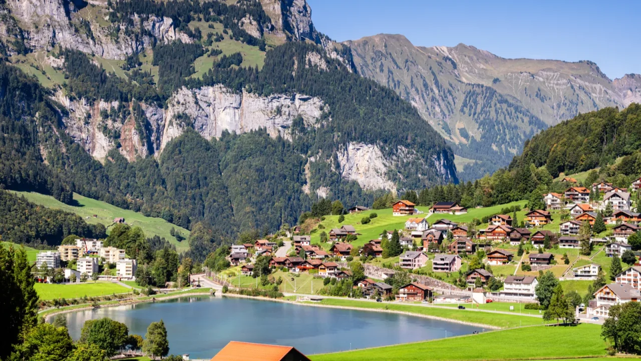 engelberg switzerland with eugenisee lake and the alps