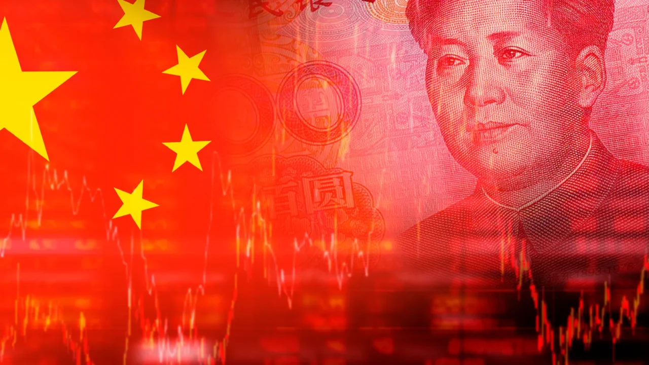 flag of china with face of mao zedong on rmb