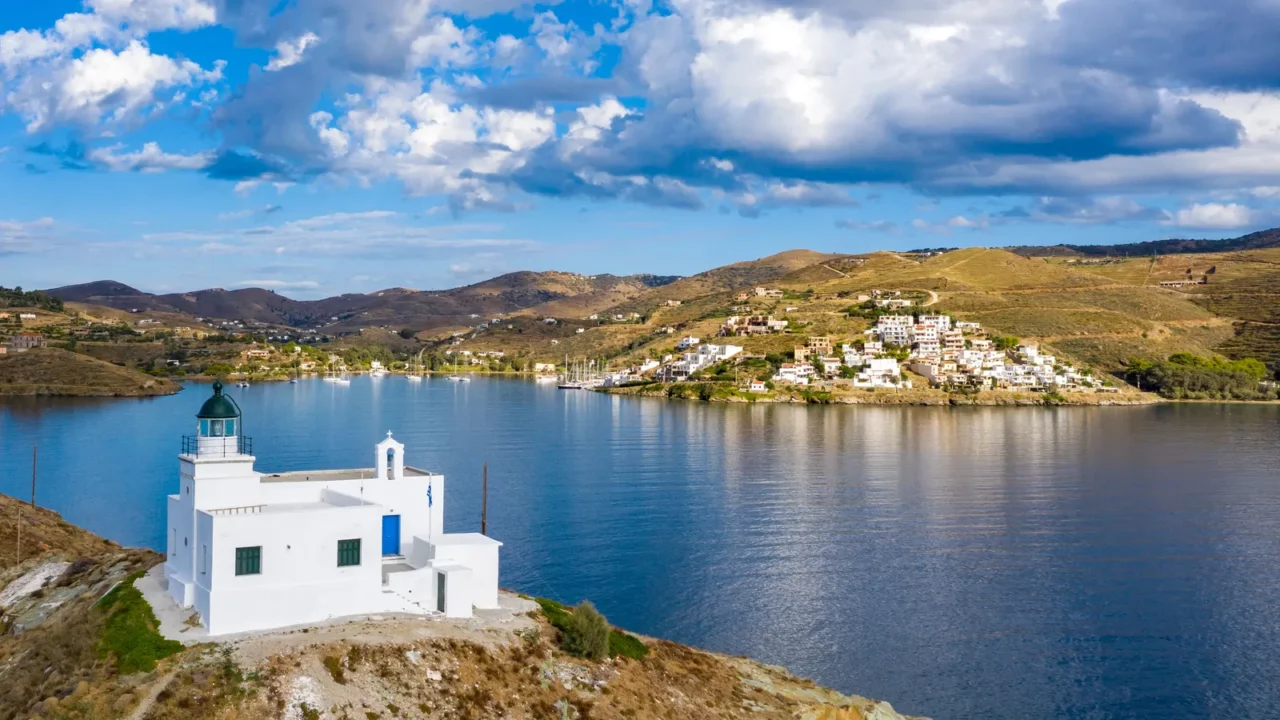 greece kea tzia island aerial drone view of lighthouse and