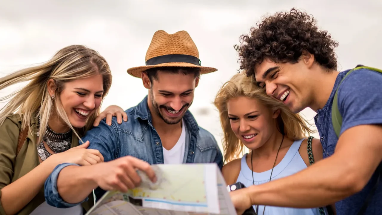 group of tourists searching for places on their map outdoors