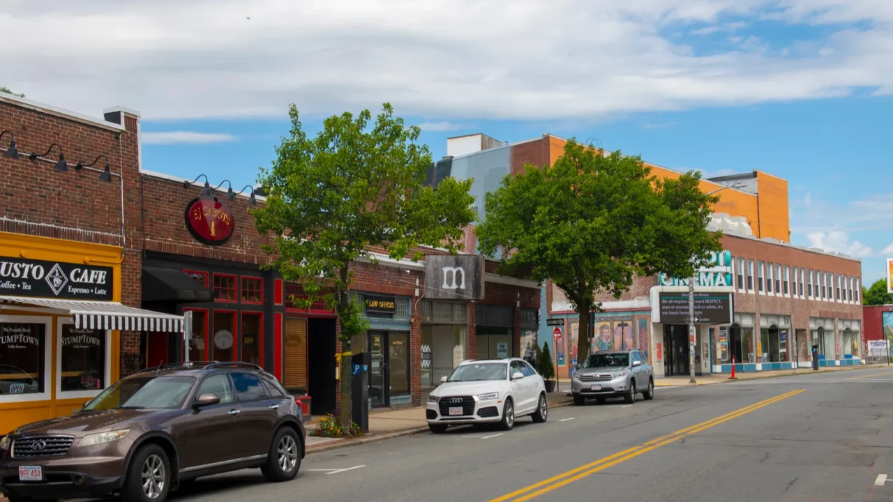 historic buildings on cabot street in historic city center of