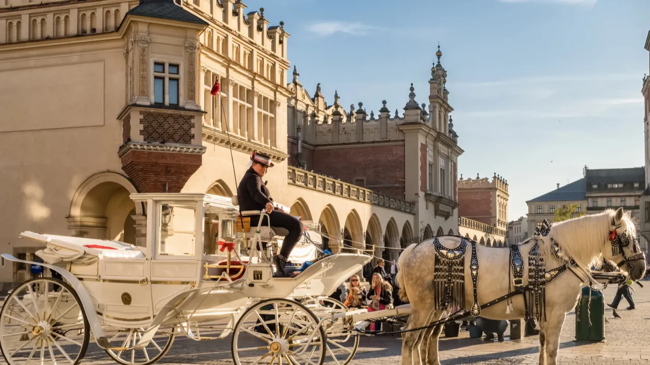 krakow poland  october 27 2022 vintage horse carriages at