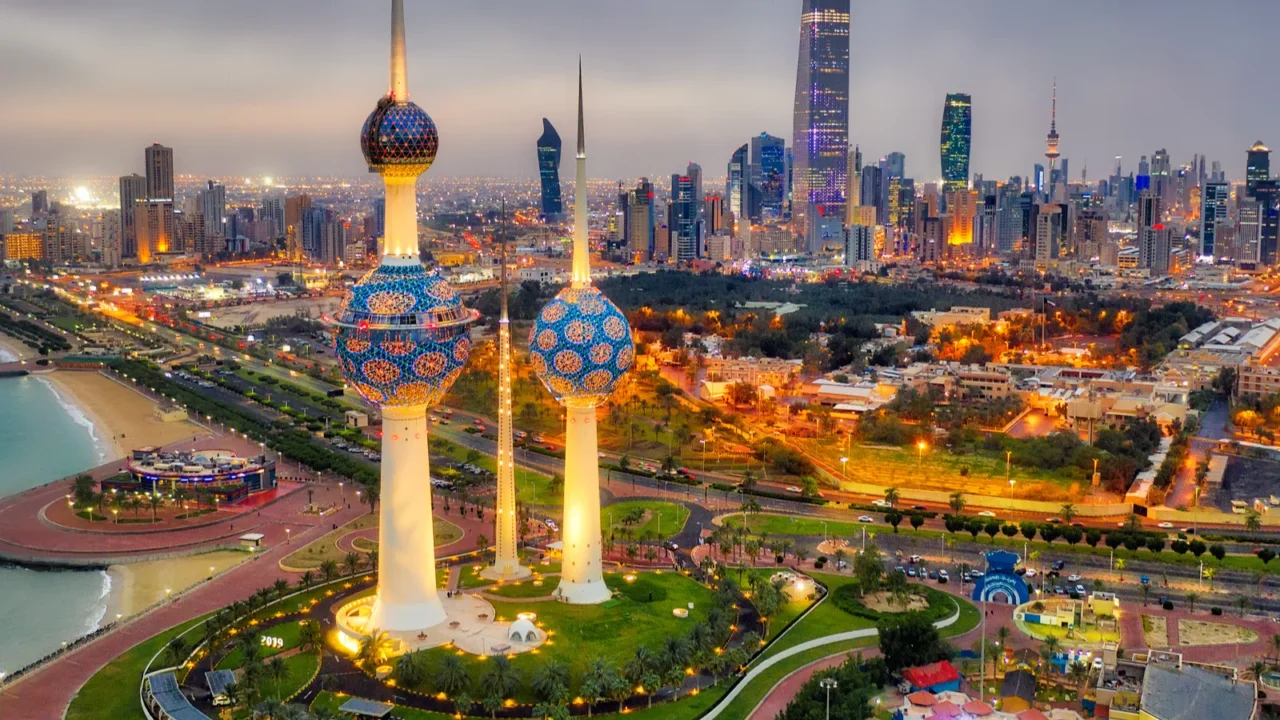 kuwait tower city skyline glowing at night taken in kuwait