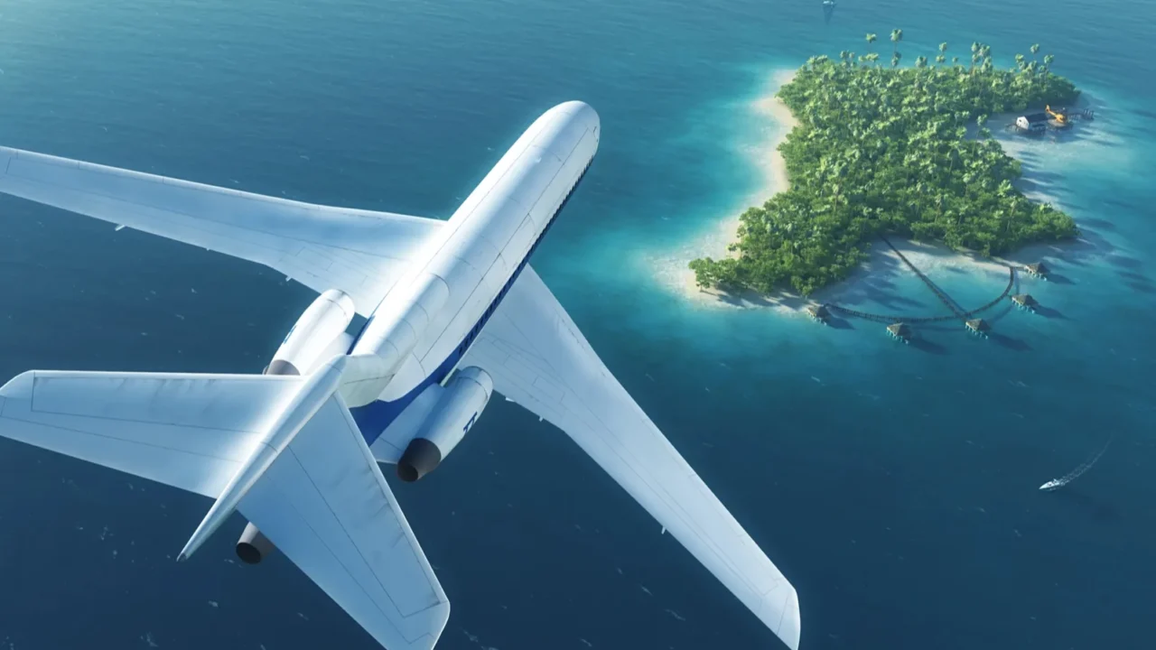 large passenger plane flies over paradise tropical island