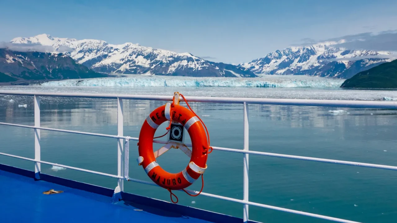 lifebuoy buoy on cruise ship aboard in hubbard glacier bay