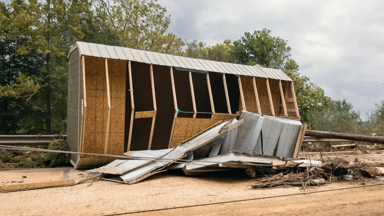 old abandoned wooden house after hurricane helene