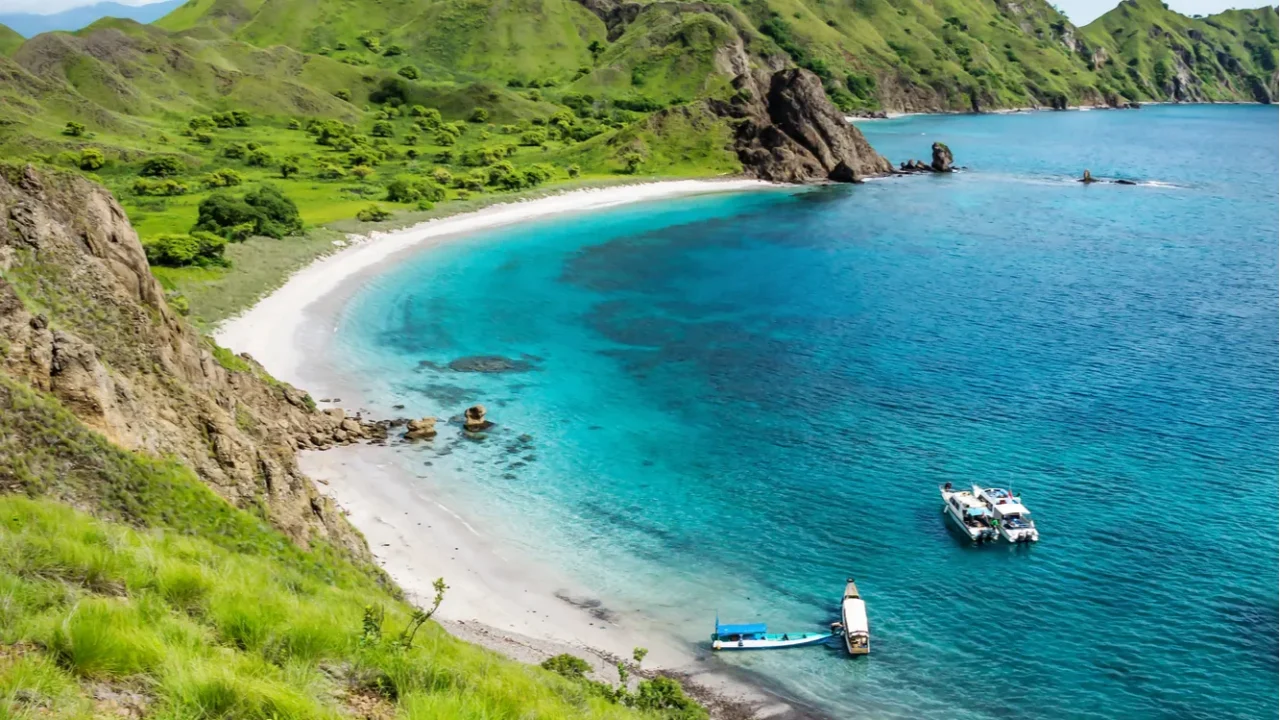 Palau Padar bay vertical with green hills in Komodo National Park, Flores, Indonesia
