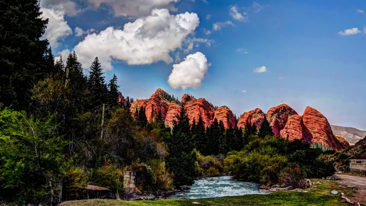 panorama view to jetioguz aka seven bulls canyon kyrgyzstan