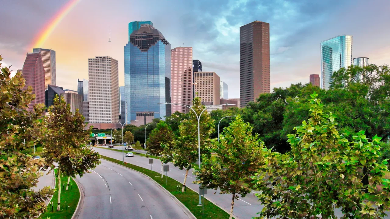 rainbow over houston skyline downtown usa  texas