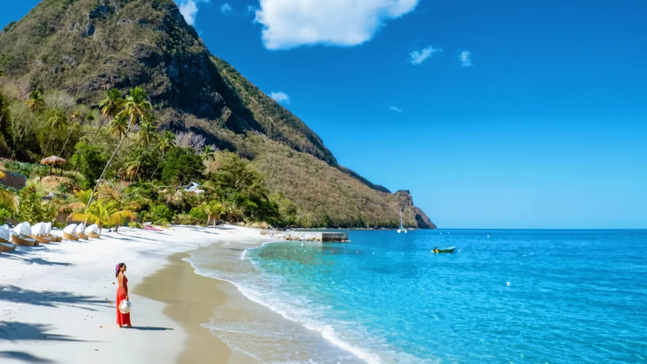 Woman on vacation in St. Lucia, Caribbean, enjoying the tropical island scenery.”