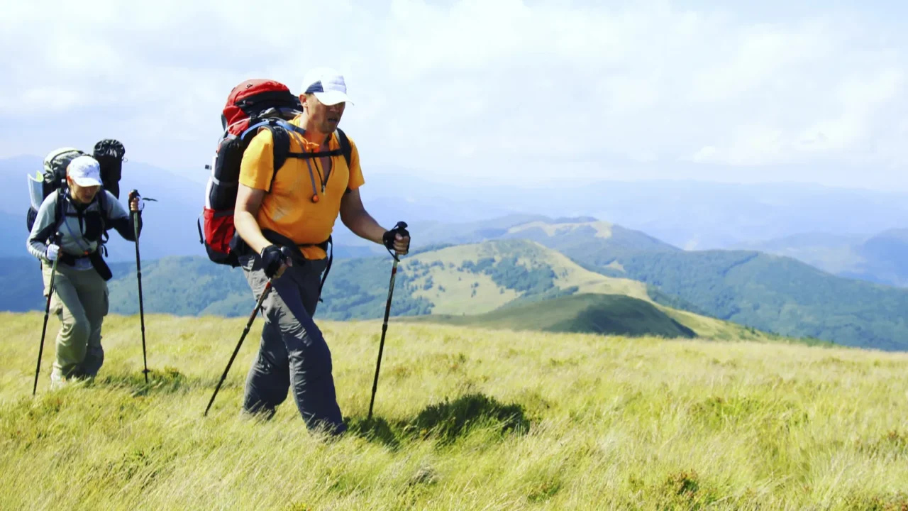 summer hikingsummer hiking in the mountains with a backpack and