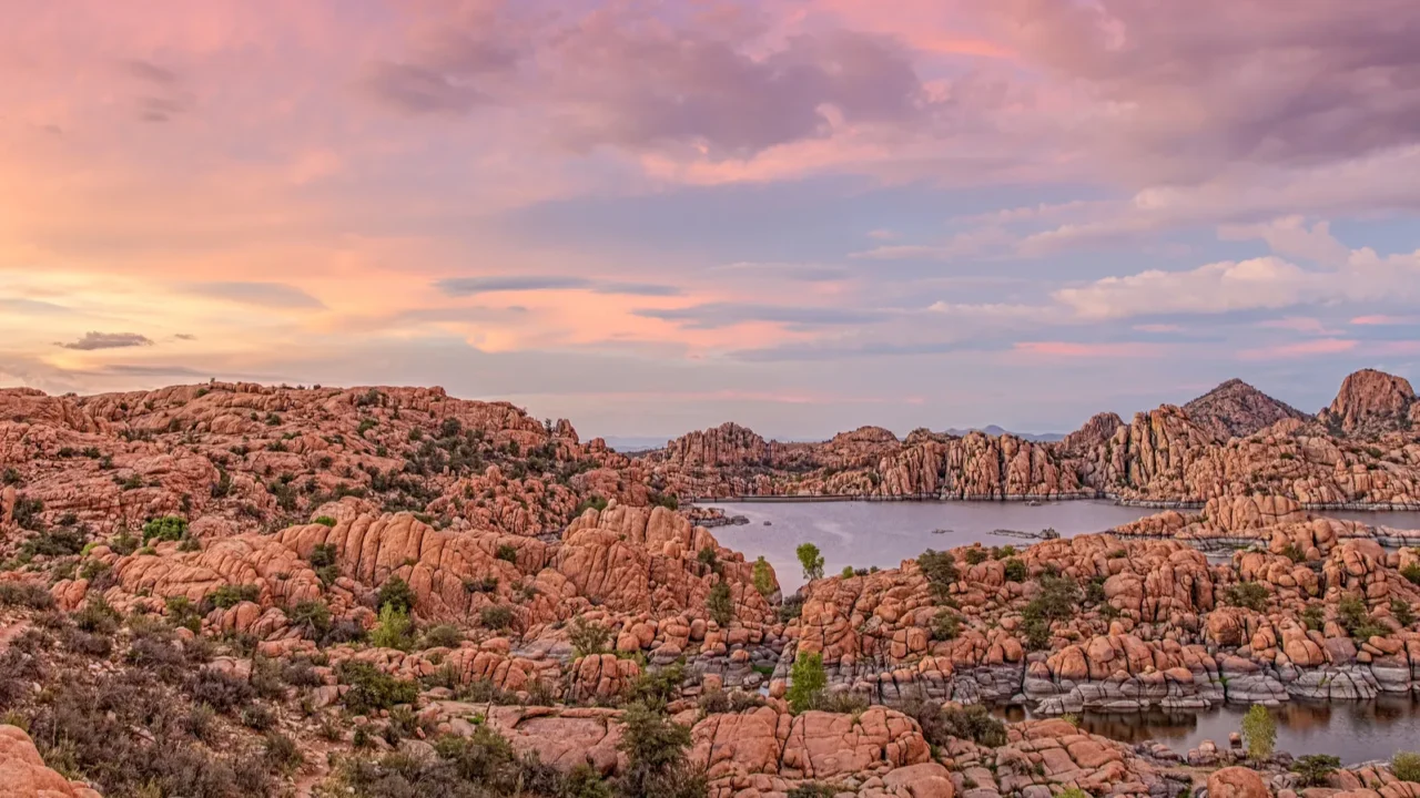 sunset over scenic lake