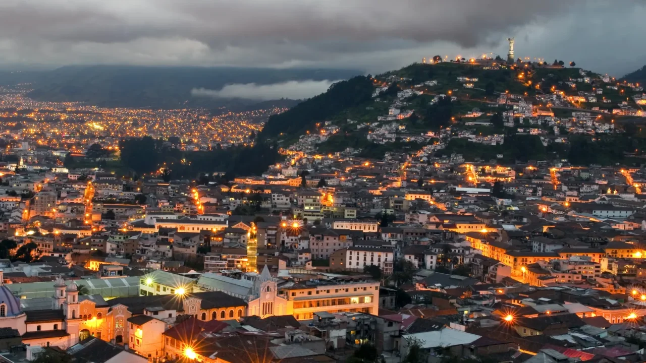 Overview of the historical center of Quito at sunset